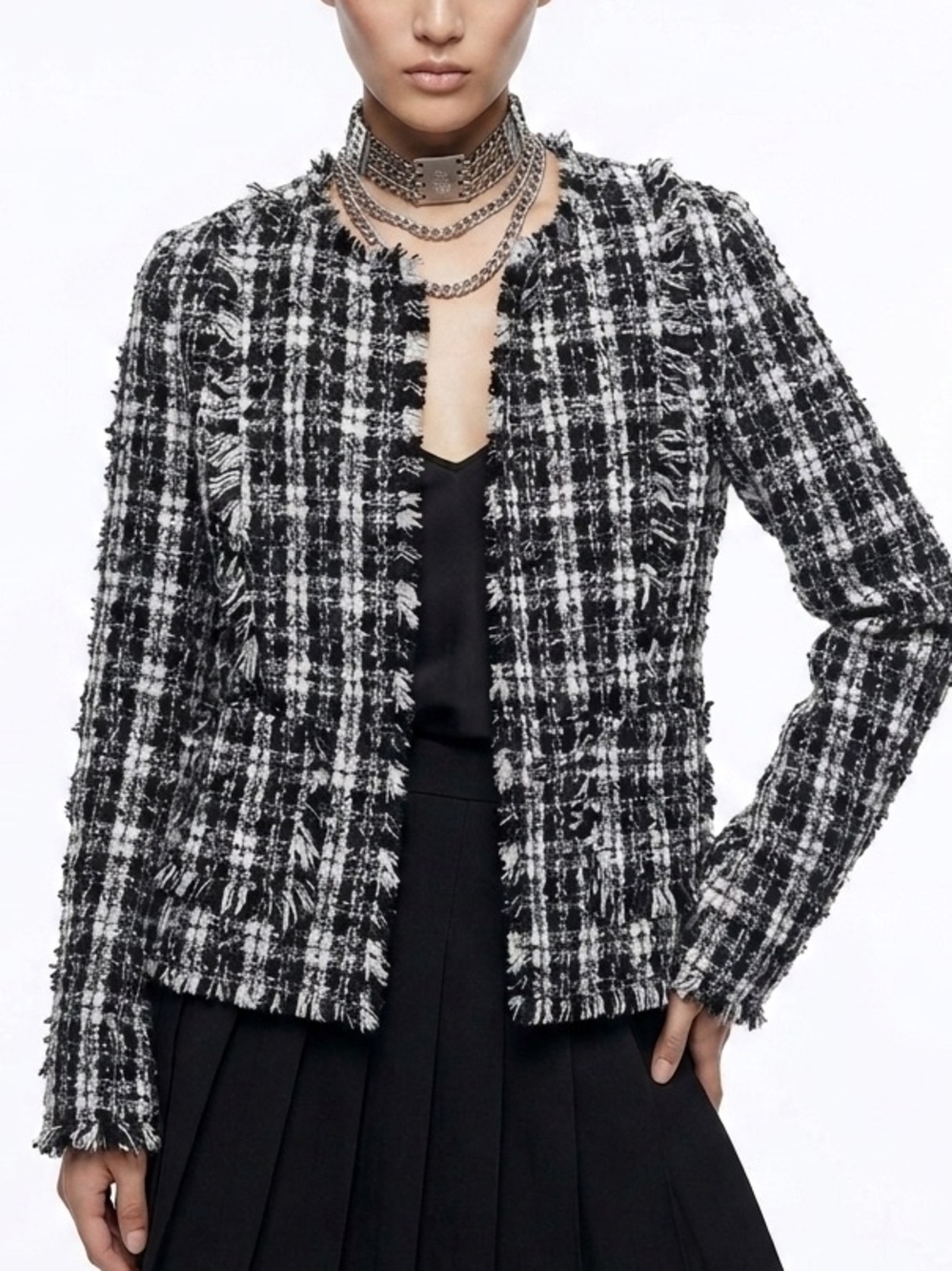 Truth and Pride Plaid Boucle Metallic Fringe Open Front Blazer Womens Size Small